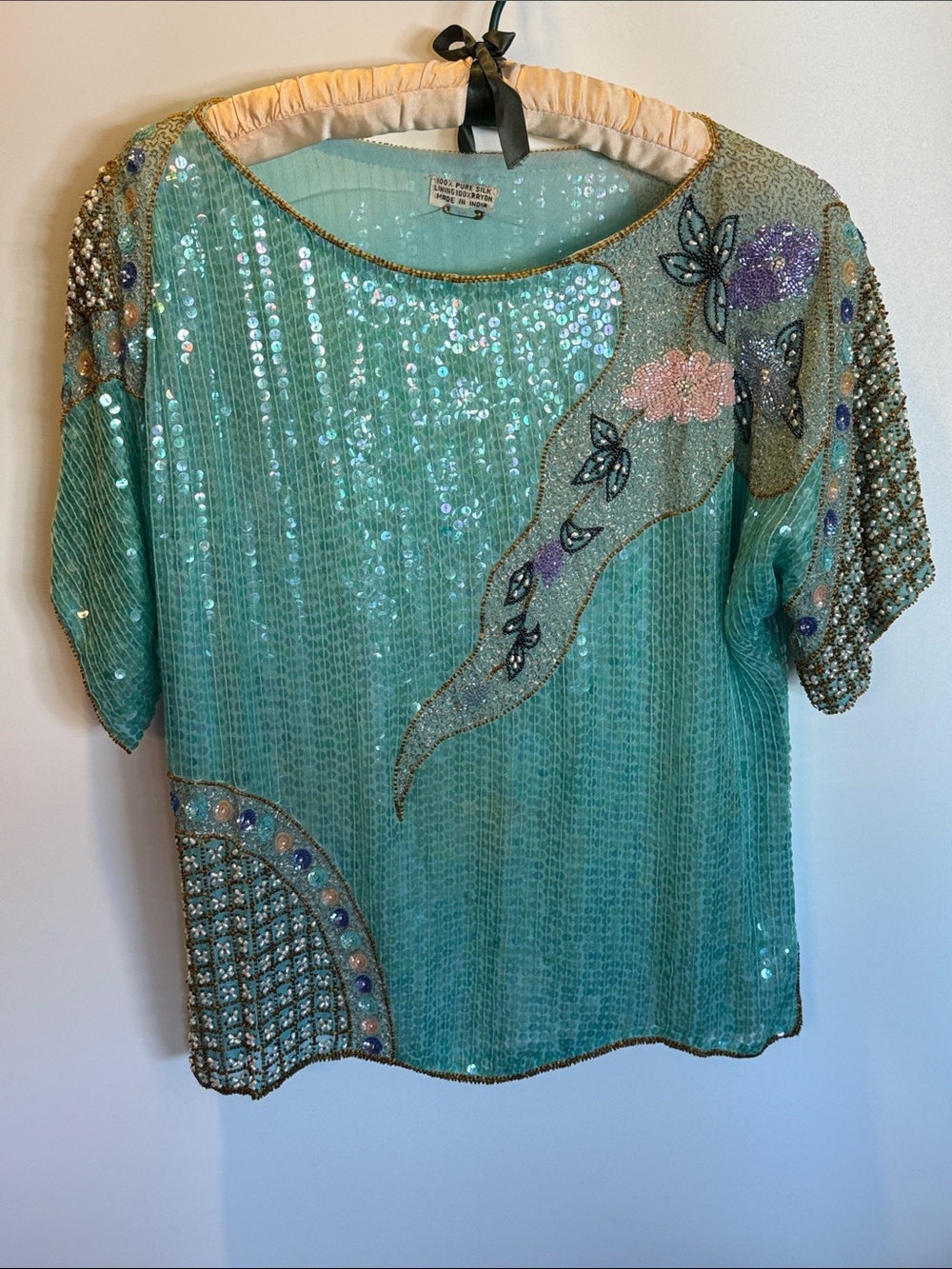 Aqua Silk Beaded Sequin Blouse Freshwater Pearls Floral Short Sleeve size: 8